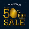 50% discount on Easter sales with Golden Eggs. Vector Holiday Design Template