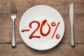 20 discount on food. Food sale. Plate with the inscription ketchup and fork with knife