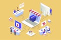 Discount of goods concept in 3d isometric design. Vector illustration with isometry people