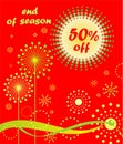 Discount hot red label for spring sale with abstract dandelions and offer with yellow sun