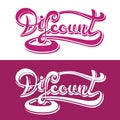 Discount inscription. Hand drawn lettering with curves. Calligraphy purple volumetric script on white background for your