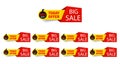 Discount mega sale offer tag 50, 20, 10, 40, 30, 60, 70, 80, 90 percent.Set banner super offer emblem, badge price deal discount