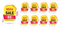 Discount mega sale offer tag 50, 20, 10, 40, 30, 60, 70, 80, 90 percent.Set banner super offer emblem, badge price deal discount