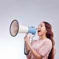 Discount, megaphone or woman shouting an announcement, speech or sale on white background. Attention, voice or girl with Royalty Free Stock Photo