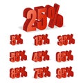 Discount Numbers 3d Vector. Red Sale Percentage Icon Set In 3D Style Isolated On White Background. 10 percent off, 15 off and 20 p Royalty Free Stock Photo