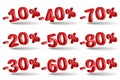 Discount Numbers 3d Vector. Red Sale Percentage Icon Set In 3D Style Isolated On White Background. 10 percent off, 15 off and 20 Royalty Free Stock Photo