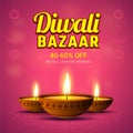 40-60% discount offer on Diwali Bazaar with illustration of illuminated oil lamps on shiny pink background for festival