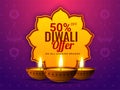 50% discount offer for Diwali festival celebration with illuminated oil lamps on shiny purple background. Sale poster or banner d Royalty Free Stock Photo