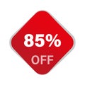 Discount offer vector. Eighty five percentage reduction. 85 percent savings. Red square button. Royalty Free Stock Photo