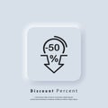 Discount percent arrow down icon. Minus 50 percent. Arrow down icons. Sale discount. Vector EPS 10. UI icon. Neumorphic UI UX