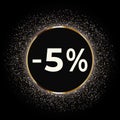 Discount 5 percent off this weekend only with gold glitter on black background. Royalty Free Stock Photo