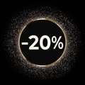 Discount 20 percent off this weekend only with gold glitter on black background. Royalty Free Stock Photo