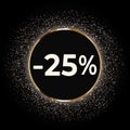 Discount 25 percent off this weekend only with gold glitter on black background. Royalty Free Stock Photo