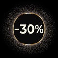 Discount 30 percent off this weekend only with gold glitter on black background. Royalty Free Stock Photo