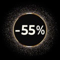 Discount 55 percent off this weekend only with gold glitter on black background. Royalty Free Stock Photo