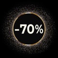 Discount 70 percent off this weekend only with gold glitter on black background. Royalty Free Stock Photo