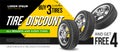 Discount. Tire advertisement poster. Black rubber tire. Realistic vector shining disk car wheel. Information. Store. Action.Landsc