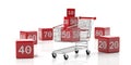 Shopping cart and red percentage cubes isolated on white background. 3d illustration Royalty Free Stock Photo