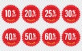 Discount stickers set for shop, retail, promotion. 10, 20, 25, 30, 40, 50, 60, 70 percentage off Royalty Free Stock Photo