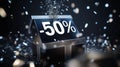 Discount surprise with a gift box exploding with confetti and a 50 percent off sign Royalty Free Stock Photo