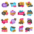 Discount tags. Product ads special offer badges low prices promotional labels hot sale best vector shopping colored Royalty Free Stock Photo