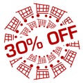 Discount Thirty Percent Off Red Shopping Cart Circular Badge Style