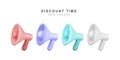 Discount time concept, realistic set of 3d megaphones, loudspeaker. Vector illustration Royalty Free Stock Photo