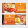 Discount voucher breakfast template design. Set of fried egg, ba Royalty Free Stock Photo