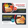 Discount voucher fast food template design. Set of pizza, sandwich, french fries, hot dog