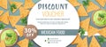 Discount voucher, mexican food template design. Coupon with nachos and guacamole sauce. Banner, poster, flyer