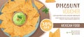 Discount voucher, mexican food template design. Coupon with nachos and guacamole sauce. Banner, poster, flyer