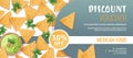 Discount voucher, mexican food template design. Coupon with nachos and guacamole sauce. Banner, poster, flyer