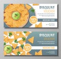 Discount voucher, mexican food template design. Coupon with nachos and guacamole sauce. Banner, poster, flyer