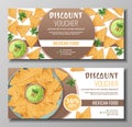 Discount voucher, mexican food template design. Coupon with nachos and guacamole sauce. Banner, poster, flyer