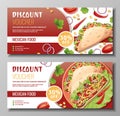 Discount voucher, mexican food template design. Coupon set with tacos with pepper meat, cheese.. Banner, poster, flyer