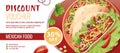 Discount voucher, mexican food template design. Coupon with tacos with pepper meat, cheese. Banner, poster, flyer