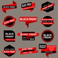 Discounted stickers and promotions of black and red colors on a dark gray background