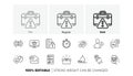 Discounts bubble, Report document and Waterproof line icons. For web app, printing. Line icons. Vector