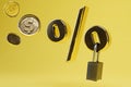 discounts on cash purchases. a percentage icon, a shopping package and dollar coins on a yellow background. 3D render