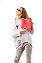 Discounts and glamour concept. Lady holds pink purse. Royalty Free Stock Photo