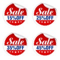 Discounts sale stickers set 15%, 25%, 35%, 45% off with stars. Royalty Free Stock Photo