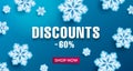 Discounts Winter sale vector banner design. Advertising digital poster or banner with snowflakes and shop now button