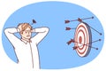 Discouraged man clutching head near darts board after failed attempts to hit target. Vector image