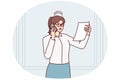 Discouraged woman in business attire with phone reading document and nervous about. Vector image Royalty Free Stock Photo