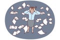 Discouraged woman clutching head while standing among scattered business documents. Vector image