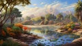 Desert Eden Unveiled: Ultra-Realistic Depiction of an Oasis with Lush Palm Trees, Vibrant Flowers, and a Shimmering Pool of Water