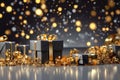 Luxurious Golden Ribbon Gift Box on Blurred Bokeh Background - Generative AI Royalty Free Stock Photo