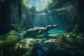 Submerged Serenity: Crocodile and Fish in Green River