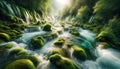 a lifelike image of a river cascade, with water splashing over moss-covered rocks. Generative Royalty Free Stock Photo