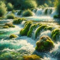 a lifelike image of a river cascade, with water splashing over moss-covered rocks. impressionism painting, Generative Royalty Free Stock Photo